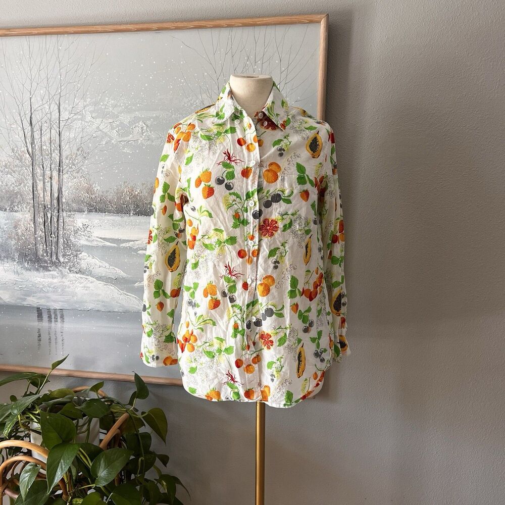 Equipment‎ Femme summer fruits silk cotton white button down classic blouse XS